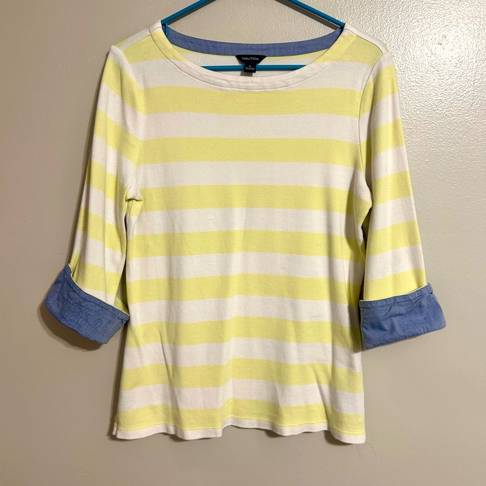 Nautica Yellow and White Striped Shirt with Blue Accents